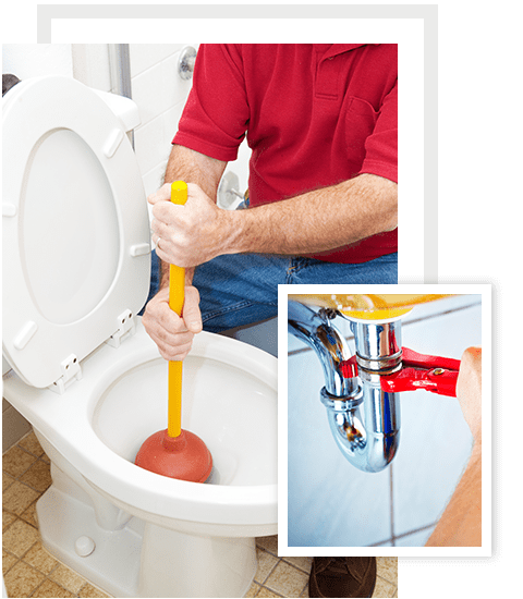 Plumber holding plunger and unclogging toilet